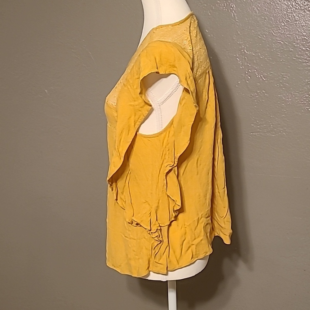 American Eagle lace up yellow mustard ruffles lightweight cotton blend top small - Picture 2 of 11